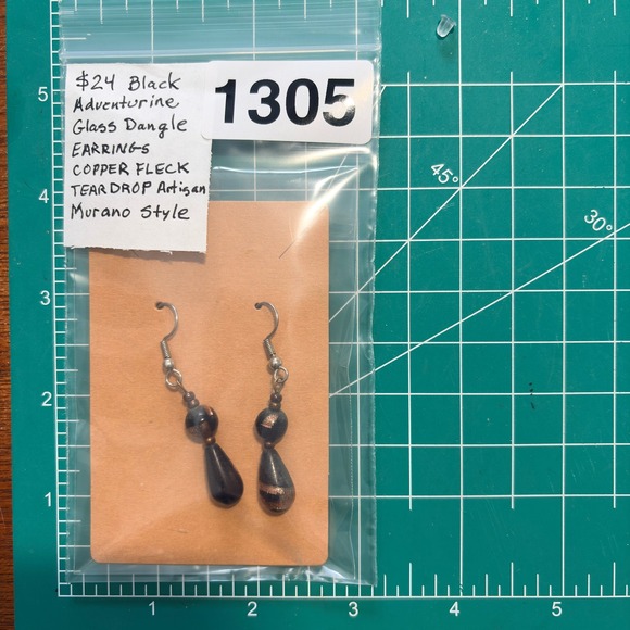 Vintage-Style Black Aventurine Glass Dangle Earrings – Copper Fleck Teardrops - Picture 5 of 5